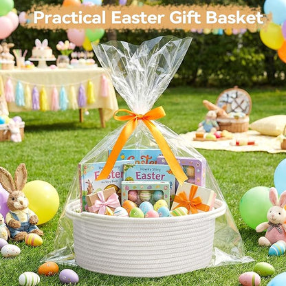 Pro Goleem Small Woven Easter Basket with Gift Bags and Ribbons Durable Burr Baskets for Gifts Empty Small Rope Basket for Storage 12"X 8" X 5" Baby Toy Baskets with Handles, White