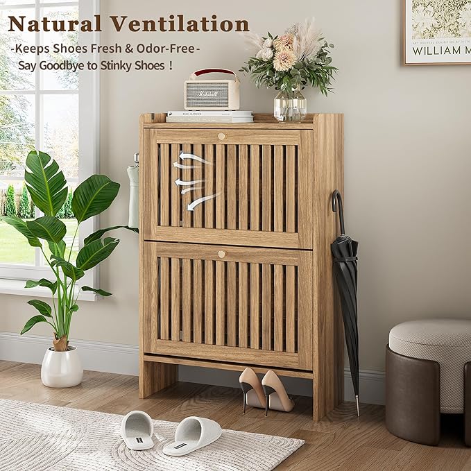 wanan 24" Shoe Cabinet with 2 Flip Slatted Drawers, Adjustable & Removable Panels, Narrow Shoe Cabinet Storage for Entryway, Hallway, Shoe Rack Organizer Cabinet, Light Oak