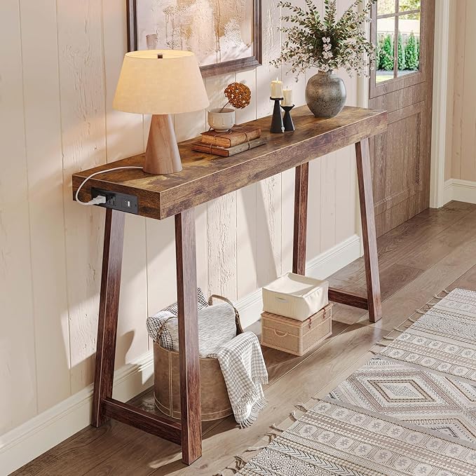 Huuger Entryway Console Table with Charging Station, USB-C Port, 47.2 Inch Sofa Table with Metal Legs, Entry Hallway Table with Thicker Desktop, Modern Behind Couch Table, Rustic Brown