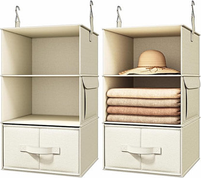 Vailando 3-Shelf Hanging Closet Organizer, Set of 2 Hanging Shelves with 2 Drawers for Wardrobe, Nursery, Baby Clothes Storage and Organization, Beige