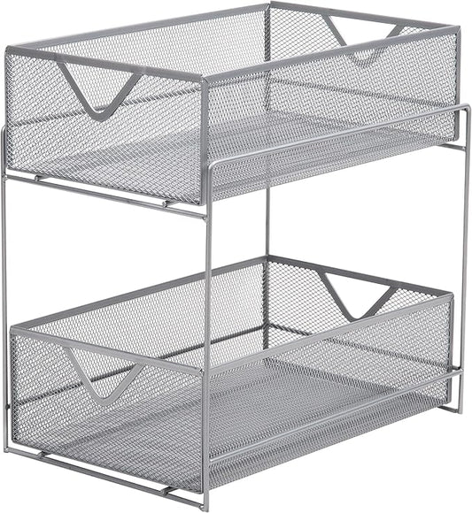 Mind Reader Accessory Organizer, Supply Storage, Makeup, Office, Kitchen, Metal Mesh, 8.25"L x 12.5"W x 12.5"H, Silver