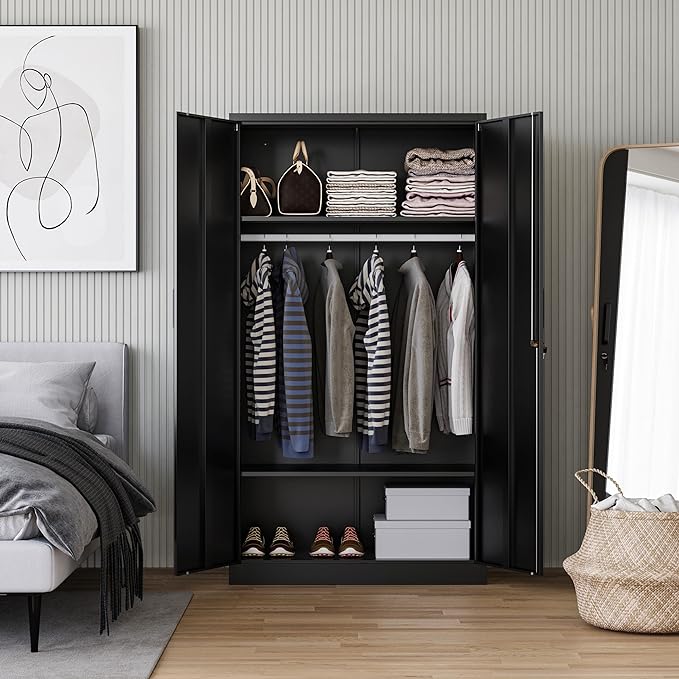 Letaya Metal Wardrobe Cabinets with Lock,Clothing Locker 72" X 36" X 18" Storage Cabinets for Home Room,Fire Department, School, Employee,Gym,Government (Black)