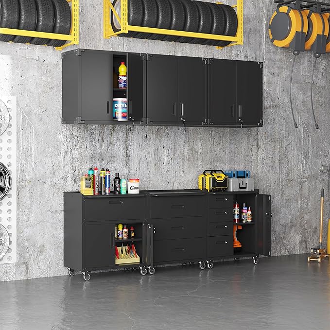Black Garage Storage Cabinets System 6 PCS Workshop Set with Drawers Locking Heavy Duty Rolling Cart with Adjustable Shelves Garage Tool Workbench Cabinets