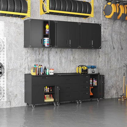 Black Garage Storage Cabinets System 6 PCS Workshop Set with Drawers Locking Heavy Duty Rolling Cart with Adjustable Shelves Garage Tool Workbench Cabinets