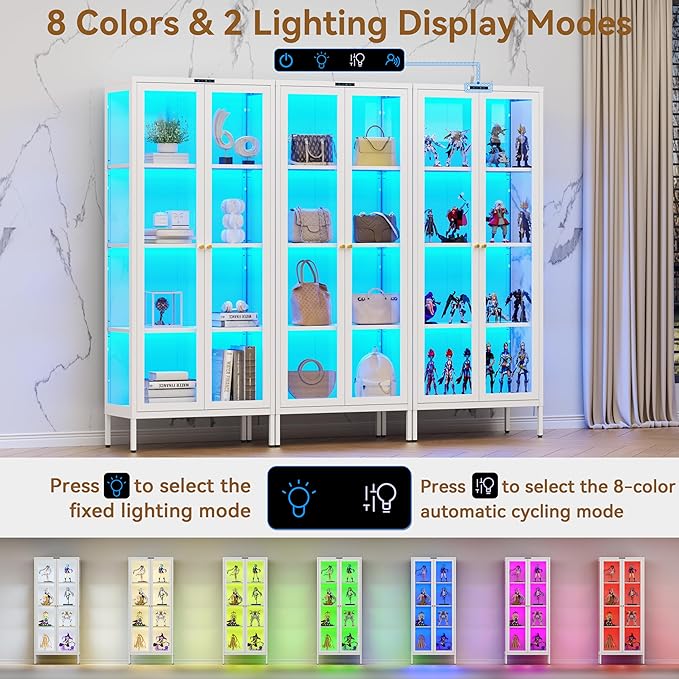 Glass Display Cabinet with Glass Doors, Metal Curio Cabinet with 8-Color LED Lights, 66 Inch Tall Display Case for Collectibles, White Glass Cabinet for Living Room, Assembly Required