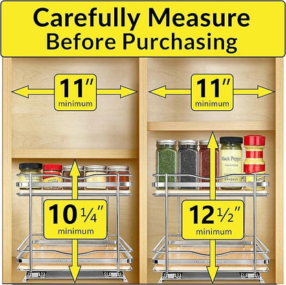 LYNK PROFESSIONAL® Élite™ Pull Out Spice Rack Organizer for Inside Kitchen Cabinets - 10-3/8 inch Wide - Slide Out Drawer – Wood/Chrome Sliding Spice Organization for cabinet - Spice Racks - 2 Tier