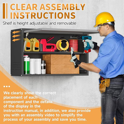 Metal Garage Wall Cabinet with Up-Flip Door, Float Tool Cabenit with Adjustable Shelf,Steel Wall-Mounted Storage Cabinet with Pegboard for Kitchen,Garage,Workshop,Warehouse(19.7"H,Black&Gray)