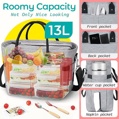 KIPBELIF Cute&Classy Roomy Insulated Lunch Bags for Women - Stylish & Functional Large Tote Adult Lunch Box for Working & Picnic(Extra Large,Gray)