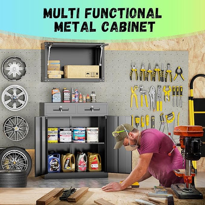 Bonusall Garage Storage Cabinet with 2 Drawers,36" Metal Office Cabinets with Doors and Shelves,Steel Cabinet for Home Office,School,Warehouse(Black)