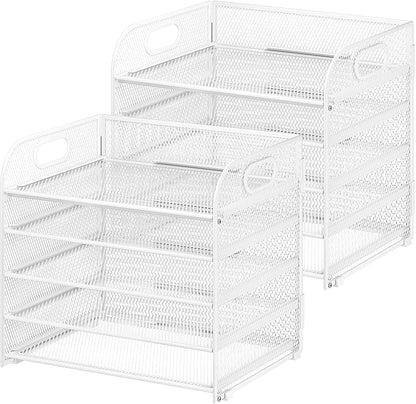 2 Pack 5 Tier Paper Organizer, Letter Tray with Handle, Mesh Desk Organizer, Metal File Organizer, Office Desk Accessories for Home, Office, Classroom, School -White