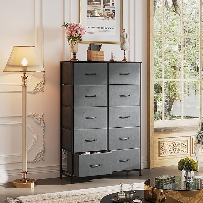 WLIVE Fabric Dresser for Bedroom, Tall Dresser with 10 Drawers, Clothes Dresser, Chest of Drawers for Closet, Living Room, Hallway, Dark Gray