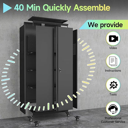 Metal Garage Storage Cabinet with Wheels,71" Tool Storage Cabinet with Adjustable Shelves,Lockable Storage Cabinets with Pegboards for Warehouse,Workshop,Garage,Basement,Utility Room(Black