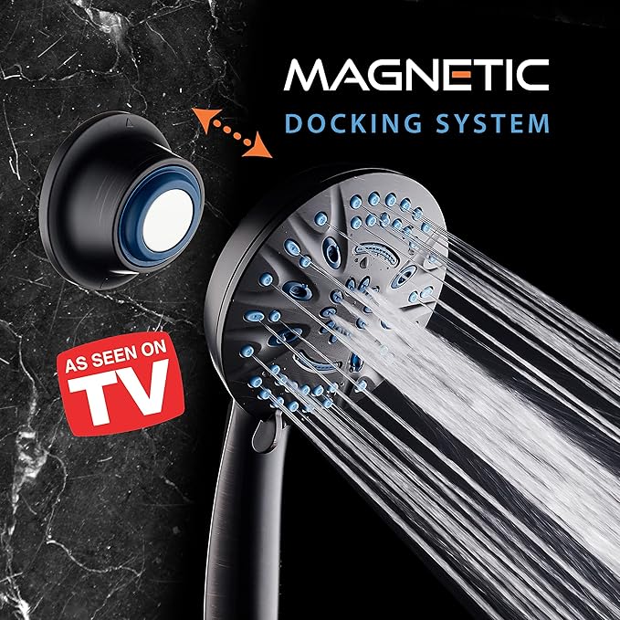 AquaCare Magneton High-Pressure 8-mode Handheld Shower Head with Magnetic Guidance Docking System - 2 Magnetic Brackets, 5 inch Face, Hygienic Jets, 6 ft. Stainless Steel Hose/ORB Finish