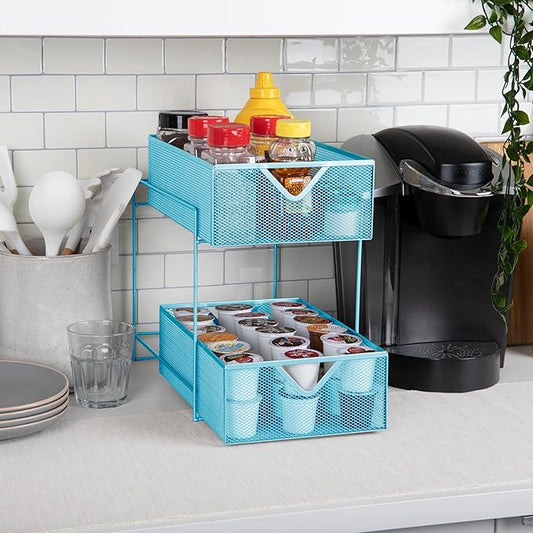 Mind Reader Accessory Organizer, Supply Storage, Makeup, Crafts, Office, Kitchen, Metal Mesh, 8.25"L x 12.5"W x 12.5"H, Blue