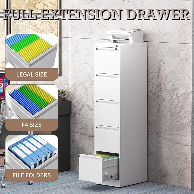5 Drawer Vertical File Cabinet with Lock, Metal Filing Cabinets for Home Office, Heavy Duty File Storage Cabinet for Legal/Letter/A4 Documents, Easy to Assemble, White