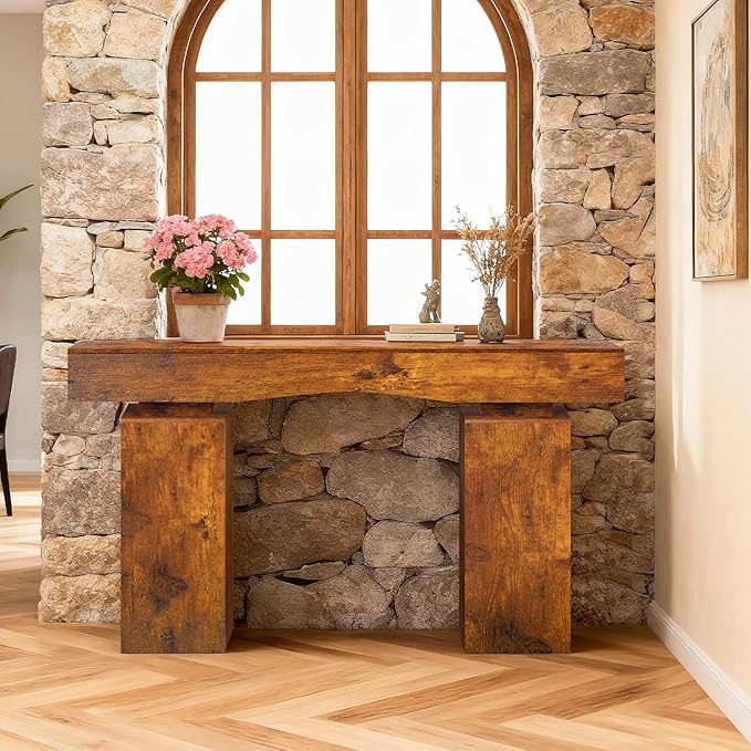 63 Inch Long Entryway Table Bold, Wooden Console Table with Socket Farmhouse Sofa Table for Entrance, Hallway, Living Room, Behind Couch(Rustic Brown)