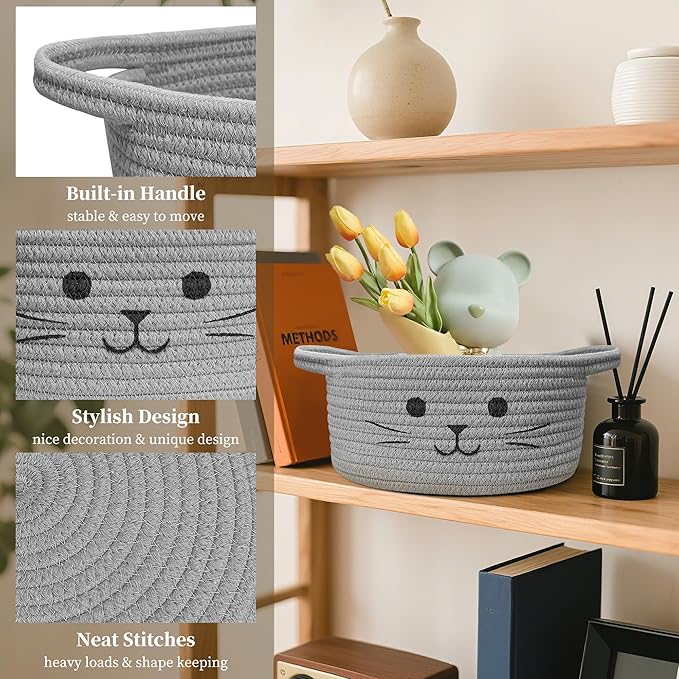 9.8" x 4" Small Cat Toy Basket - Gift Baskets Empty for Baby Shower Baby Baskets for Nursery Cute Woven Rope Storage Basket for Home Decor, Cat Pet toy box, Grey Easter basket