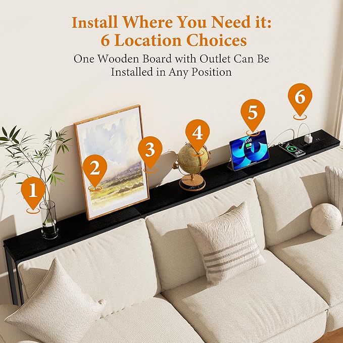 GRLEAF L Shaped 78" Narrow Console Sofa Table with Built-in Power Strip (2 AC Outlets & 2 USB Ports) – 4.9ft Power Cord, Metal Frame, Easy Assembly, Ideal for Behind Couch, Hallway (Black, 78IN)