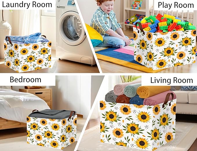 Sunflower Empty Gift Storage Basket Collapsible Canvas Baby Toy Bin Decor(Yellow)
