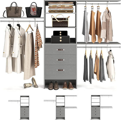 Armocity 96 Inches Closet System, 8FT Walk In Closet Organizer with 3 Shelving Towers, Heavy Duty Clothes Rack with 3 Drawers, Built-In Garment Rack, 96" L x 16" W x 75" H, Max Load 1000 LBS, Grey