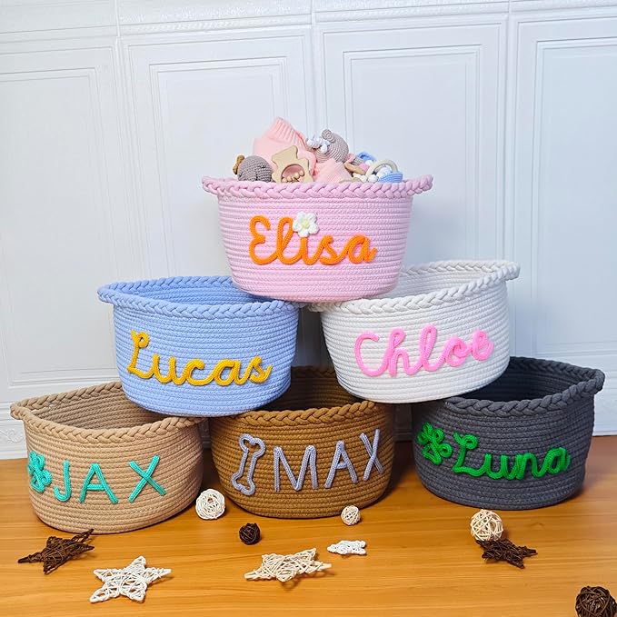 JUPPE Custom Pet Dog Toy or Food Storage Basket with Personalized Name, Dog Toys and Food Storage Box Pet Cat Organizer Bag Gift Cotton Rope Basket Gift (Custom Cat Basket)