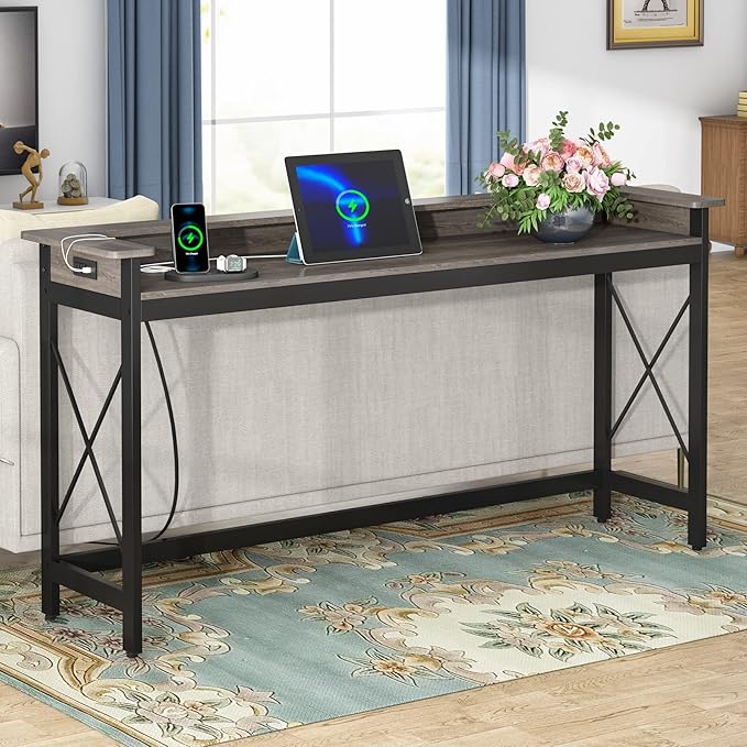 Tribesigns Sofa Table with Outlets and USB Ports, 70.9 inch Extra Long Console Table Behind Couch with Charging Station, Industrial Narrow Entryway Hallway Accent Table for Living Room