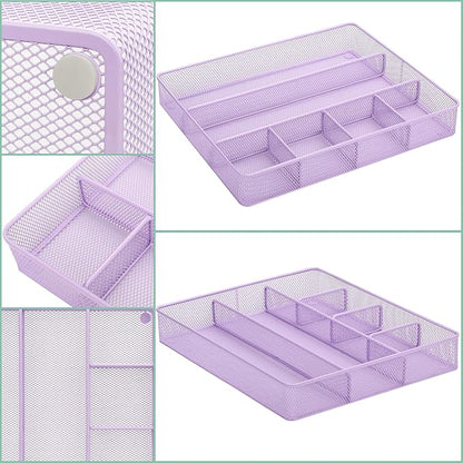 Annova Desk Top Organizer/Storage Tray - Metal Mesh with Dividers for Pens, Desktop Accessories, Bathroom, Kitchen, Makeup and Office Supplies (Large, Light Purple)