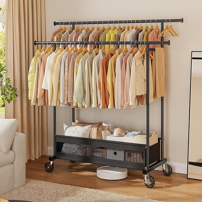 Clothes Rack, Double rods clothing rack, Clothing Racks for hanging clothes, Rolling clothes rack with Storage Basket & Heavy Duty Wheels, garment rack for Bedroom, Laundry Room, Black