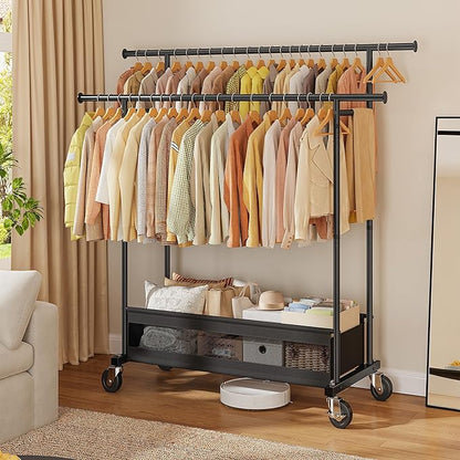 Clothes Rack, Double rods clothing rack, Clothing Racks for hanging clothes, Rolling clothes rack with Storage Basket & Heavy Duty Wheels, garment rack for Bedroom, Laundry Room, Black