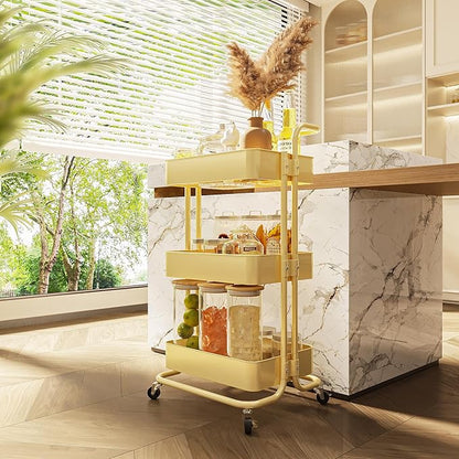 3-Tier Metal Rolling Cart with Wheels, Utility Storage Cart, Multifunctional Organizer Storage for Kitchen, Bedroom, Office, Laundry Room, Dorm Room Essentials (Cream Yellow)