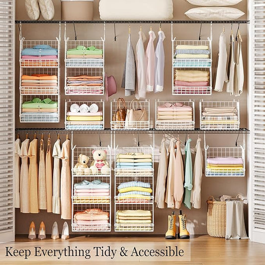 X-cosrack 3 Tier Foldable Closet Organizer, Clothes Shelves with 5 S Hooks, Wall Mount&Cabinet Wire Storage Basket Bins, for Clothing Sweaters Shoes Handbags Clutches Accessories-White Patent Design