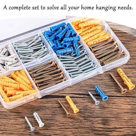KURUI Wall Anchors Kit for Hanging Wall Art Decor, 160Pcs Drywall Anchors Assortment Kit for Frame Shelf Decorations, Plant Hooks, 80 Screws and 80 Plugs, Picture Hangers for Dry Wall Concrete Brick