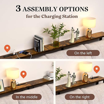 GRLEAF 70" Sofa Table with Built-in Power Strip (2 AC Outlets & 2 USB Ports) – 4.9ft Power Cord, Metal Frame, Easy Assembly, Long Couch Table Behind Sofa, Living Room and Home Office | Rustic Brown