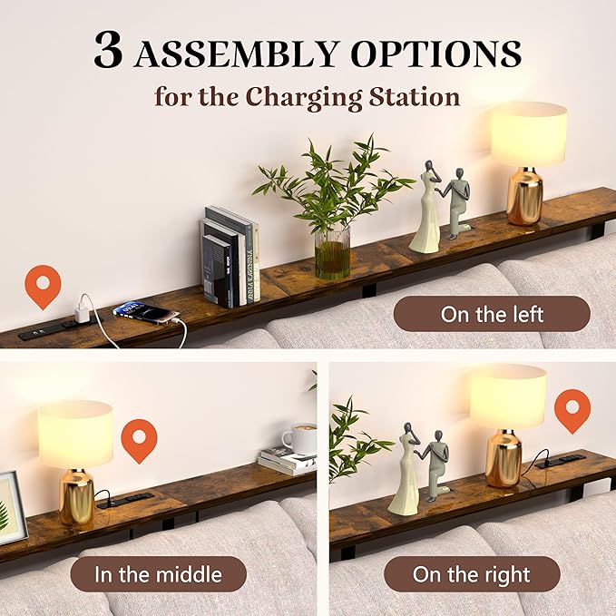 GRLEAF 78" Sofa Table with Built-in Power Strip (2 AC Outlets & 2 USB Ports) – 4.9ft Power Cord, Metal Frame, Easy Assembly, Long Couch Table Behind Sofa, Living Room and Home Office | Rustic Brown
