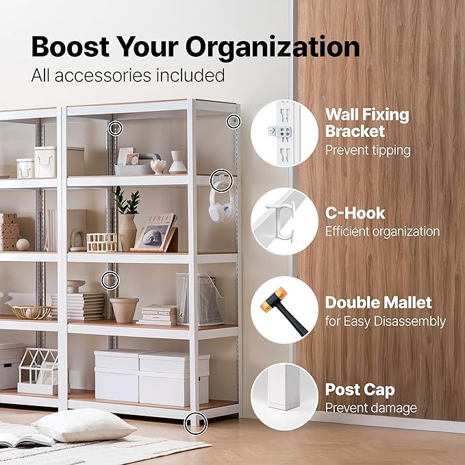 HOMEDANT House 5 Tier Heavy Duty Garage Shelving Adjustable Metal Rack Storage Shelves Standing Shelf Unit Organizers Pantry Closet Office (2, White, 48.1" W x 16.5" D)