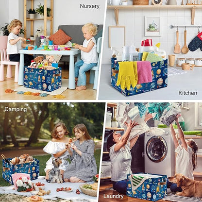 Space Planet Rectangle Storage Basket - Space Themed Collection Collapsible Storage Baskets with Handles - Astronaut Toy Bins - Cosmic Rocket Pattern Storages Bin for Kids Clothes, Gift, Book