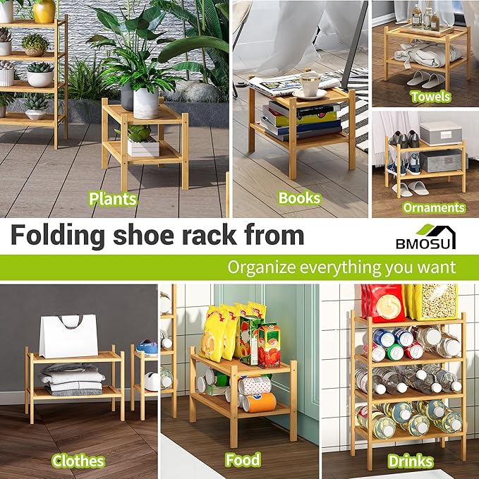 BMOSU 2-Tier Bamboo Small Shoe Rack Premium Stackable Shoe Shelf Storage Organizer for Hallway Closet Living Room Entryway Organizer(Natural)