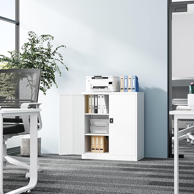 Metal Storage Cabinet-36” Tall Steel File Cabinets with Lockable Doors and Adjustable Shelves-White Steel Storage Cabinet for Home Office, School, Garag