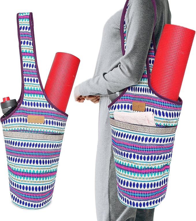 ALLEN & MATE 100% Cotton Yoga Mat Bag for Women and Men, Large Pocket with Zipper Storage, Shoulder Strap Carrier for Yoga and Pilates Mats
