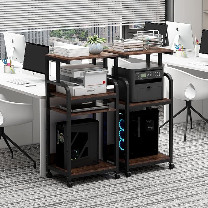 4-Tier Printer Stand with Adjustable Storage Shelf, Large Tall Printer Table with Wheels for Home Office Small Spaces Organization, Rustic Brown