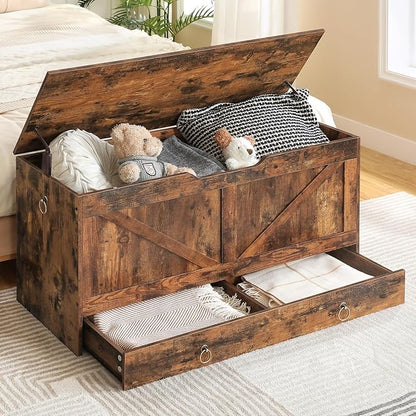 HOOBRO Storage Chest, 39.3" Toy Chest with Drawer, Wooden Storage Bench, Sturdy Entryway Bench Supports 220 lb, Shoe Bench, Safety Hinge, U-Shaped Opening, Easy Assembly, Rustic Brown FG710CW01G1