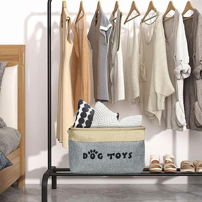 PET ARTIST Dog Toy Basket, Collapsible Dog Toy Bin Box with Comfortable Handles, Large Pet Toy Storage Basket Organizer for Accessories, Toys, Coat & Clothing, Blanket & Leash, Gray, 15"x11"x9"