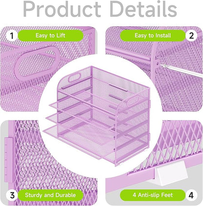 2 Pack 5 Tier Paper Organizer, Letter Tray with Handle, Mesh Desk Organizer, Metal File Organizer, Office Desk Accessories for Home, Office, Classroom, School -Purple