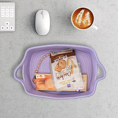 Woven Cotton Rope Storage Basket with Handles for Organizing Shelves Closet Small Cat Dog Pet Toy Baskets Box Bin Decorative Rectangle Baby Nursery basket Gift basket Empty(light purple)