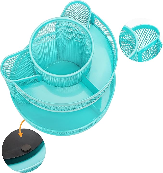 Annova Mesh Desk Organizer Rotate with 5 Compartments Round Spinning Tidy Candy/Pen Holder Desk Accessories Office, Art Supply, Storage, Classroom, Home (Turquoise)