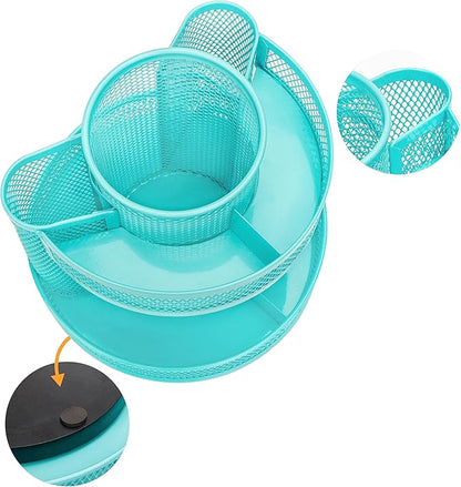 Annova Mesh Desk Organizer Rotate with 5 Compartments Round Spinning Tidy Candy/Pen Holder Desk Accessories Office, Art Supply, Storage, Classroom, Home (Turquoise)