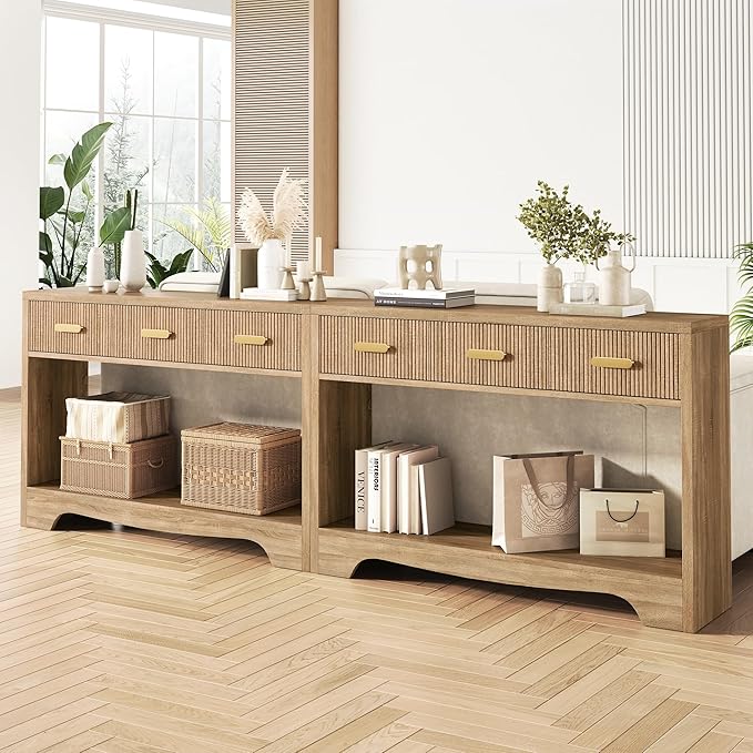Fluted Console Table with Drawers, 47" Narrow Entryway Table with 3 Drawers and Open Storage Shelf, Long Sofa Tables Modern Behind Couch Tables for Living Room, Foyer and Hallway