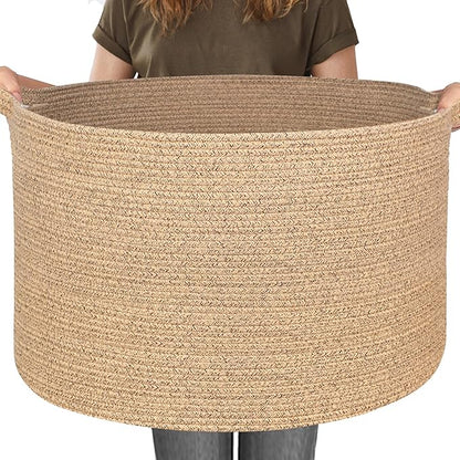 115L Wicker Storage Basket, 23.6"x15.7" Woven Cotton Rope Basket, Giant Kids Dog Toy Bin Organizer, XXXL Blanket Pillow Holder for Living Room, Brown Variegated Wicker Baskets for Organizing