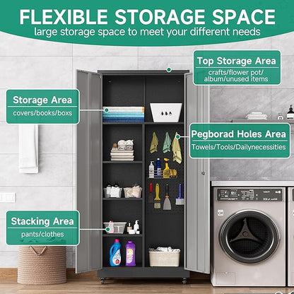 Metal Garage Storage Cabinet with Locking Doors and Adjustable Shelves, Rolling Tool Storage on Wheels - Black Gray