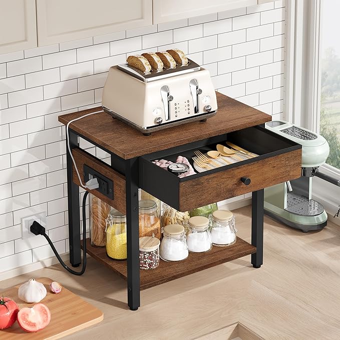 Printer Stand with Charging Station, 2-Tier Under Desk Printer Table, Side Table with Storage Shelves for Home Office, Living Room, Bedroom, Bathroom, Brown
